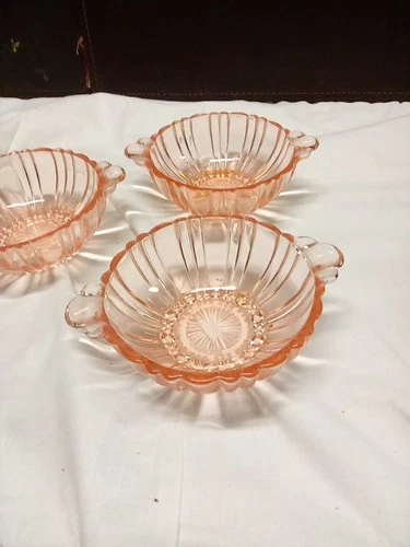 Pink Queen Mary Depression Glass 3  Ice Cream Berry Bowls w/ handles