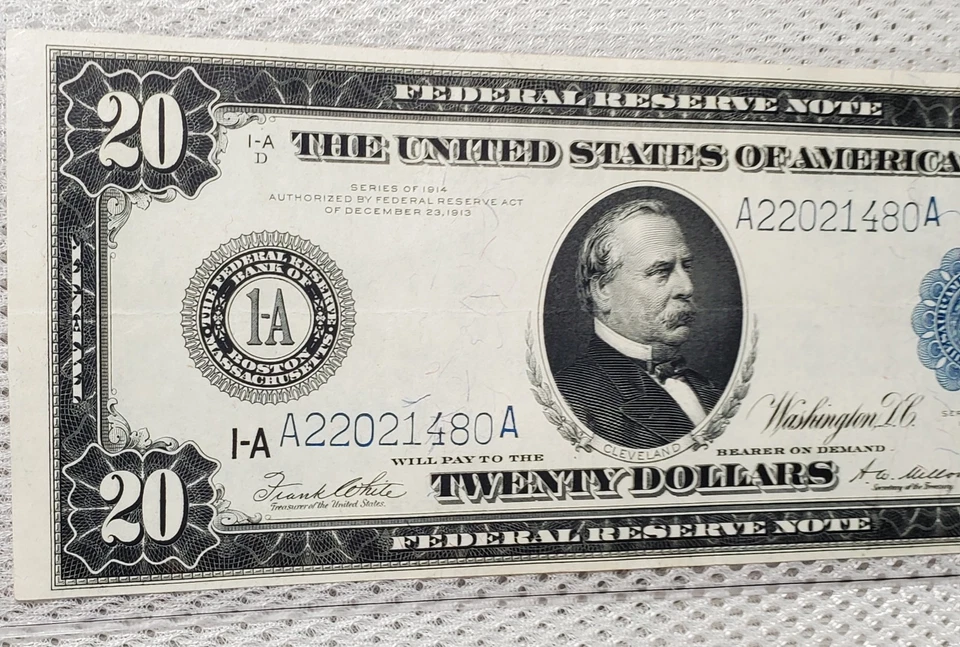 1914 $20 Federal Reserve Note Blue Seal Large Size 1-A Boston Beautiful XF++/AU* - Image 2 of 4