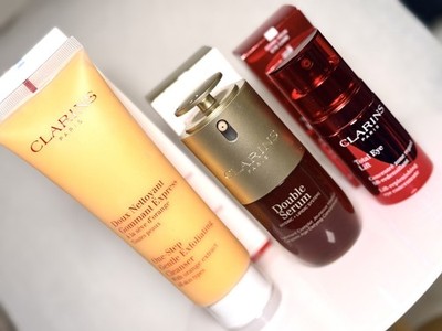Clarins bundle Anti-Aging double serum, total eye lift and exfoliating cleanser 
