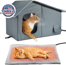 Weatherproof Outdoor Heated Cat House with Thermostatic Heating Pad