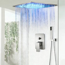 Brushed Shower Faucet Set 12"LED Rainfall Ceiling Mount Shower Combo Mixer Valve