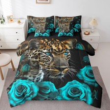 Cheetah Queen Bed in a Bag Turquoise Teal Rose Comforter Set with Sheets