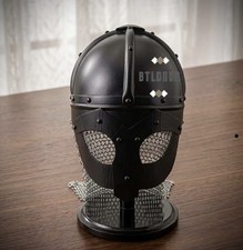 Medieval Viking Mask Armor with Chainmail Reenactment Costume with Display Stand