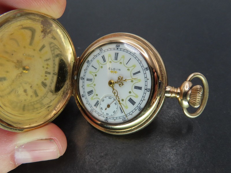 1905 Elgin 289 Pocket Watch, 7j 6s Fancy Dial, 20-yr Gold Filled Hunting, Repair