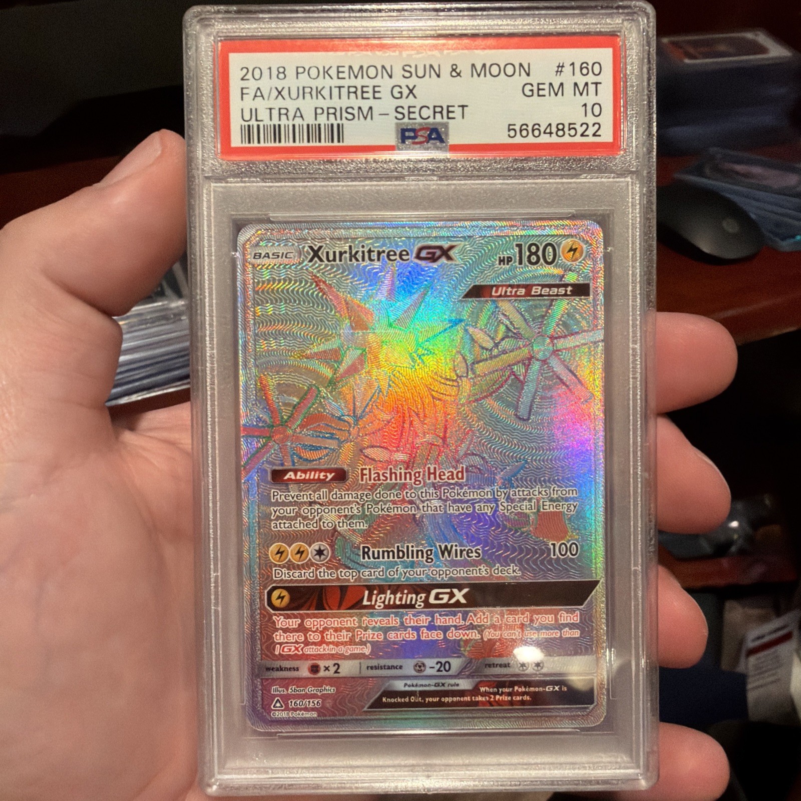 2018 POKEMON SUN & MOON ULTRA PRISM #160 XURKITREE GX SECRET RARE PSA 10