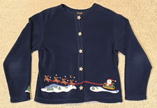 Croft  Barrow Christmas Sweater Cardigan Navy Blue Vintage Santa Women's Size M