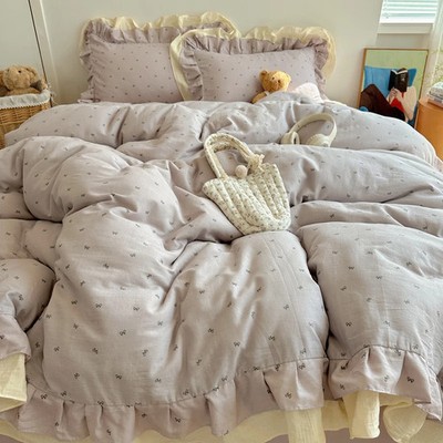 Princess Style Bed Linen Bowknot Print Ruffles Duvet Cover Pillowcase Bedsheet 