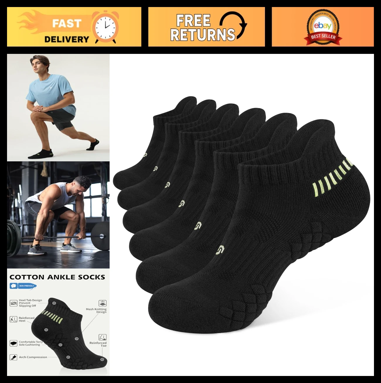 Men's Running Ankle Socks - Cushioned, Moisture-Wicking, Anti-Blister, 6 Pairs