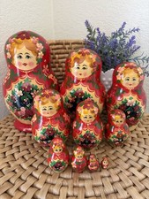Red Floral Russian Nesting Matryoshka Doll 10 Pieces 1998 Signed