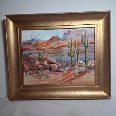 Jean Makela ''Desert Reflections''  Acrylic Collage Painting 2005 Framed 9'' × 12''