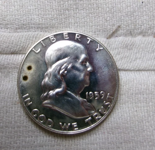 1959 PROOF Silver Franklin Half Dollar 50 Cents carbon spots