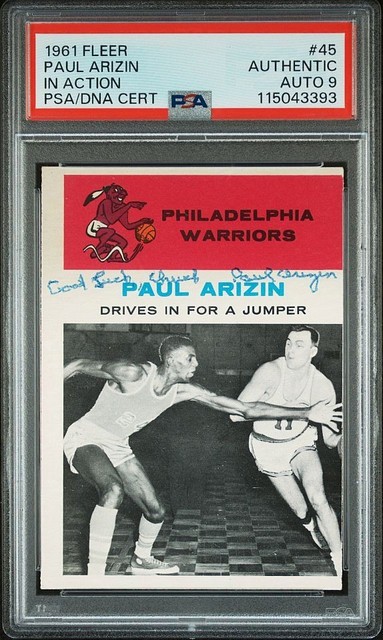 1961 Fleer #45 Paul Arizin Signed Warriors PSA Authentic PSA/DNA AUTO GRADE 9