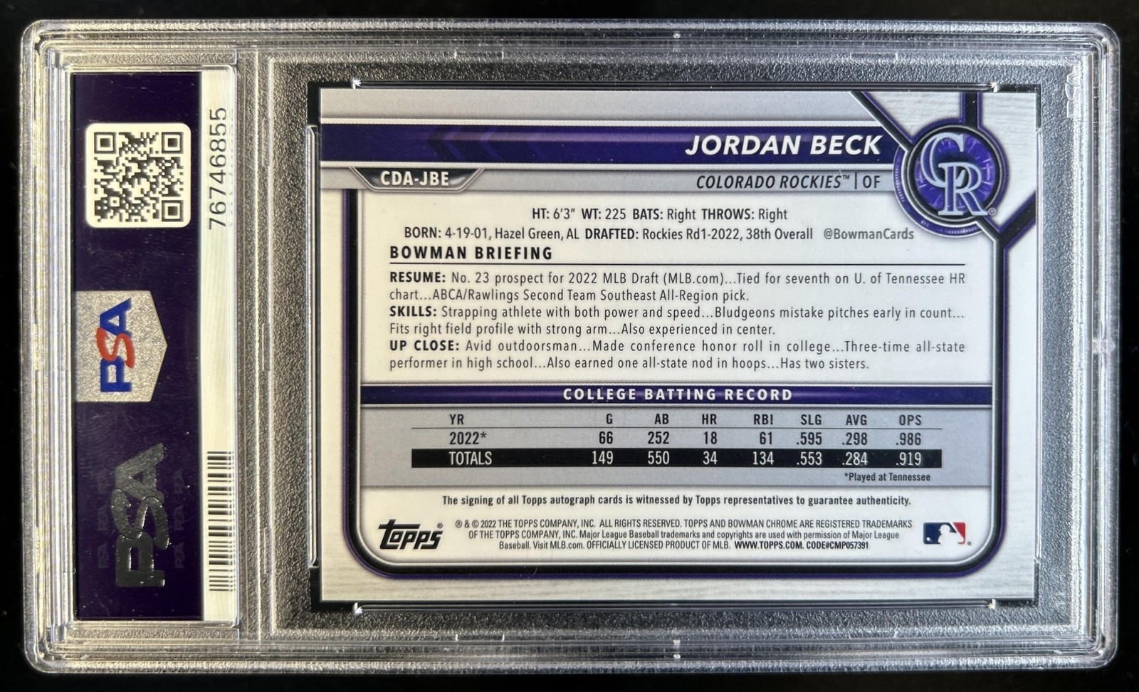 2022 Bowman Draft Jordan Beck Chrome Auto 1st Refractor Blue #/150 PSA 10 view 2