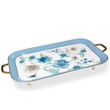 Tea Serving Tray Set, 21 Inches Bone China Tray With Handles, Blue Fine Ceram...