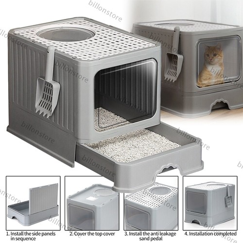 Katzenklo mit Deckel Aktivkohlefilter große XXL Katzen WC Hauben Toilette grau