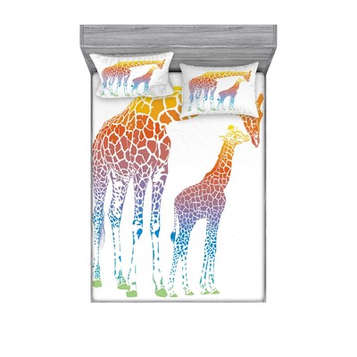Giraffe Fitted Sheet & Pillow Sham Set, Mom Kid Giraffe in Rainbow Colors Abs...
