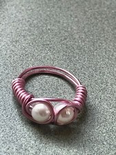 Boho Hippie Pink Wire Wrapped w Two Faux White Pearl Bead Center Ring Sz 5
