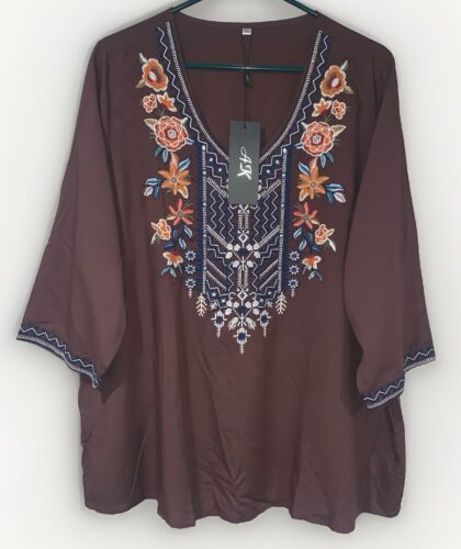 AK Tunic Blouse Women Size 2XL Brown Boho Embroidered Peasant 3/4 Sleeve V Neck