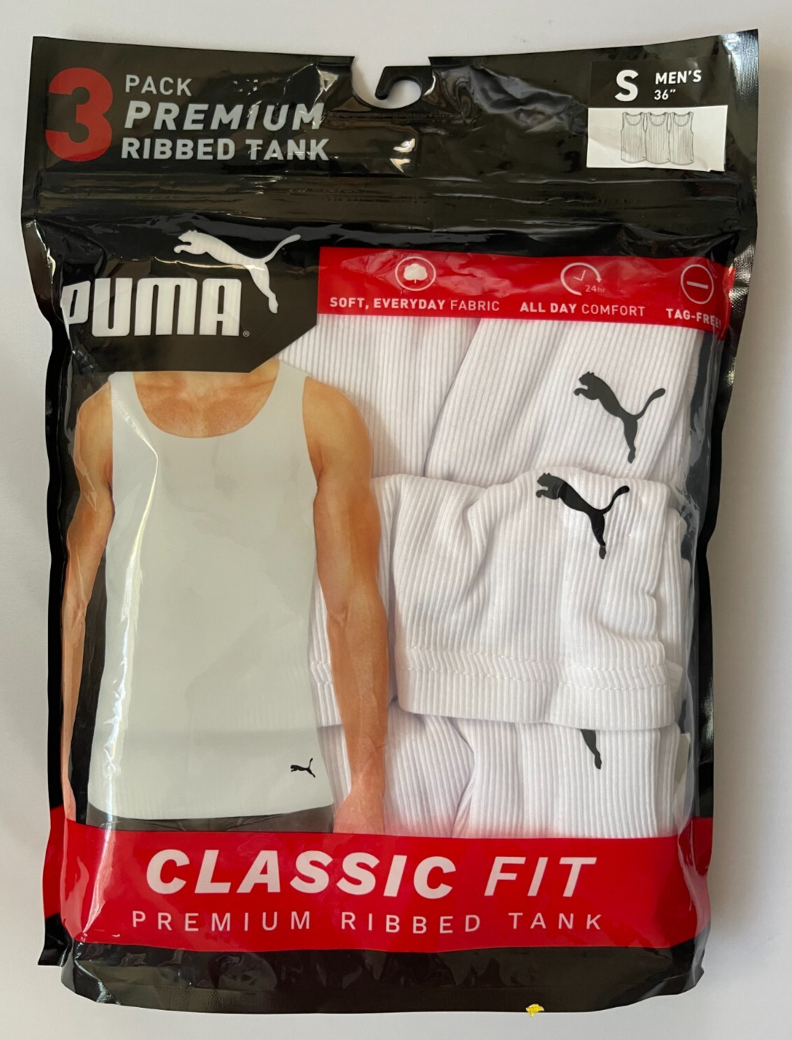 Puma Mens Premium Ribbed Tank 3 Pack White Classic Fit S M L NWT