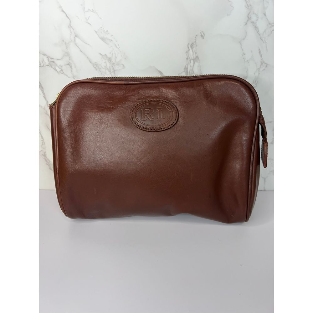 Ralph Lauren Leather Men's Toiletry Bag Brown Zip Vintage Style Travel Pouch