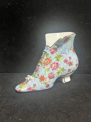Formalities by Baum Bros Porcelain Shoe Vase Blue Floral W/ Gold Trim Planter