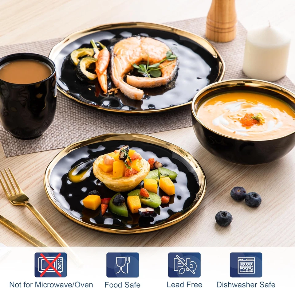 Black and Gold Dishes Sets, Stoneware Dinnerware Sets for 4, 16 Piece Plates and - Image 3 of 4