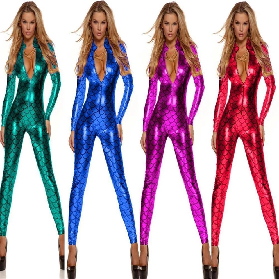 Traje de club nocturno a escala de sirena para mujer manga larga mono disfraces body M-XL Foto 2 de 4