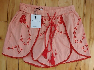Glamorous Light Coral Shorts Wrap Floral Embroidered Crochet Trim Festival Sz 8 