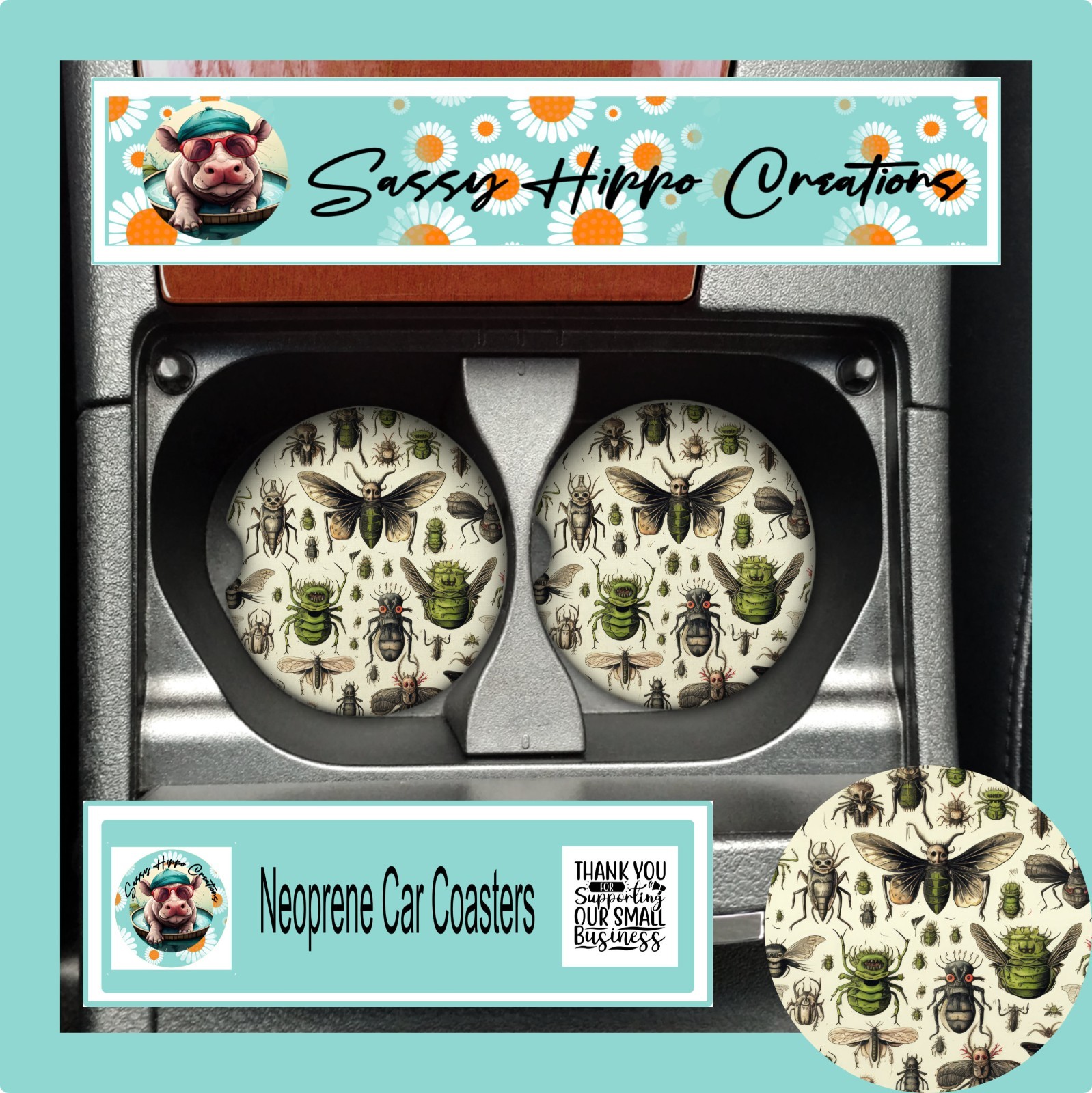 Car Coasters Creepy Bugs Insect Crawly Spooky Halloween Set of 2 Neoprene Absorb