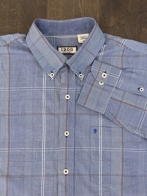 Izod Blue Glen Plaid Button Down Shirt Men's Size M Long Sleeve Collard Logo