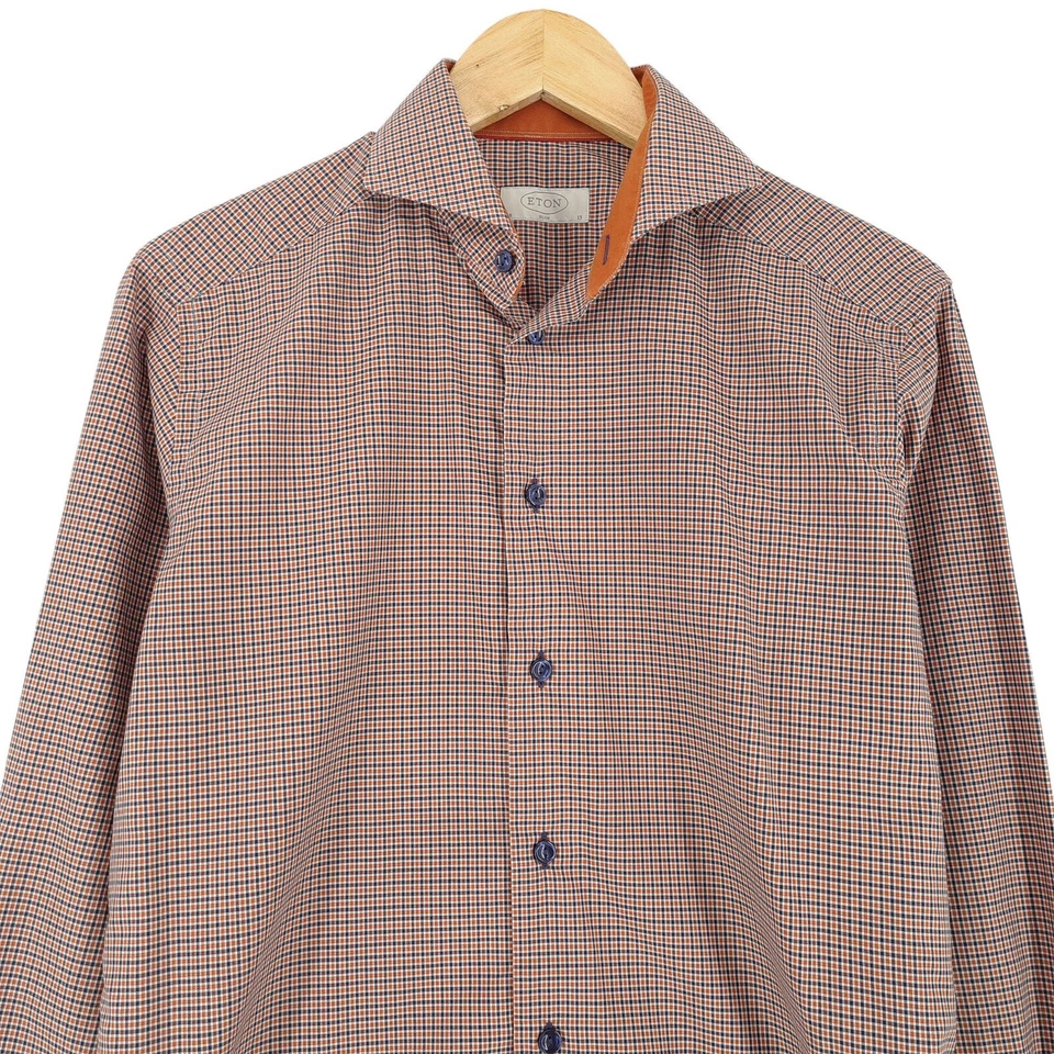 Eton Uomo Camicia Slim Quadri Cotone Business Formale Matrimonio Nk8 Misura 15 - Immagine 2 di 4