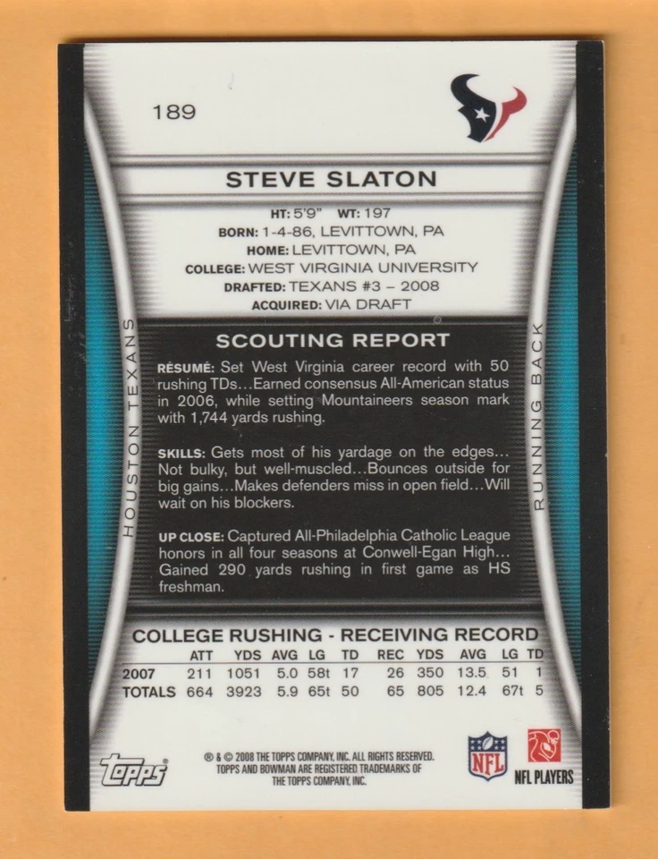 Steve Slaton Houston Texans 2008 Bowman Gold #189 West Virginia Mountaineers - Image 2 of 2