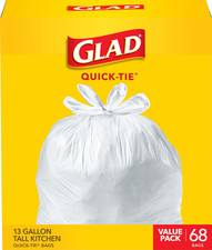 Tall Kitchen Trash Bags 13 Gallon, Unscented Garbage Bags, Quick-Tie, 68 Count
