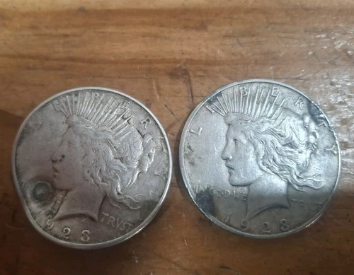 New Listing1923 Damaged Peace Silver Dollar  lot of 2.