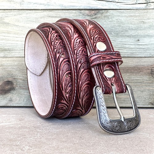 Women's Western Leather Belt, Floral Embossed Cowgirl Hand Tooled Belt 1-1/2" - Picture 76 of 86