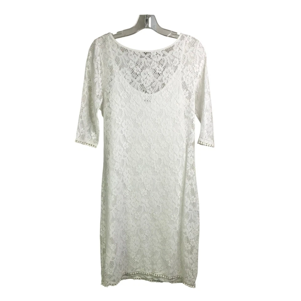Vestido Three Dots Mujer Talla Pequeña Blanco Manga 3/4 Encaje Forrado Ajustado Fiesta Foto 3 de 4