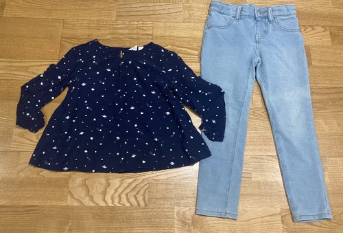 Girl's Gap & Cat & Jack Outfit Size 4-5 - Navy Planets/Stars/Hearts Top w/Jeans - Picture 1 of 7