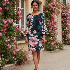 Eliza J Size 10 Black Teal Floral 3/4 Bell Sleeve Shift Mini Romantic Dress