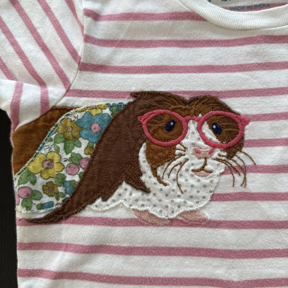 Mini Boden Girls 5-6Y Guinea Pig Party Appliqué Stripe Tee Pink White Cotton - Image 3 of 4
