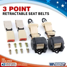 2x Retractable 3 Point Safety Seat Belt Straps Car Vehicle Adjustable Beige Belt