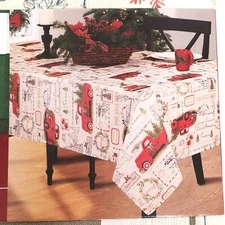 Winter Wonder Lane Red Farm Truck Christmas Tree Fabric Tablecloth 52x70