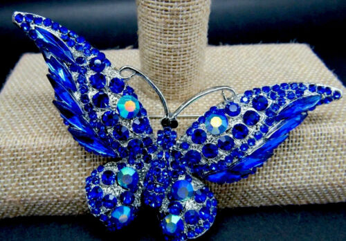 JOAN RIVERS CRYSTAL  Blue AURORA BOREALIS SILVER TONE BUTTERFLY PIN  new - Picture 1 of 6