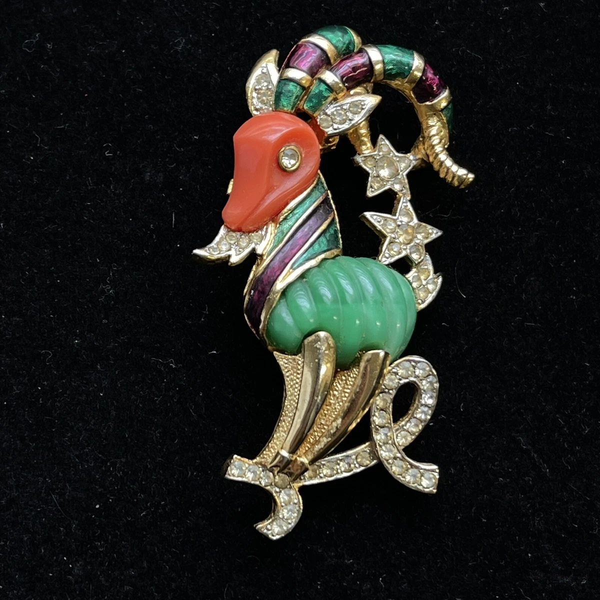 Vintage DeNicola Zodiac Capricorn Goat Lucite Brooch Enamel Rhinestone Gold Tone