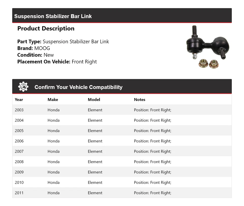 Barra estabilizadora de suspensión delantera derecha MOOG 2003-2011 para Honda Element Foto 2 de 4