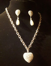 Rhinestone Heart Necklace with coordinating earrings in rhinestone and pearl