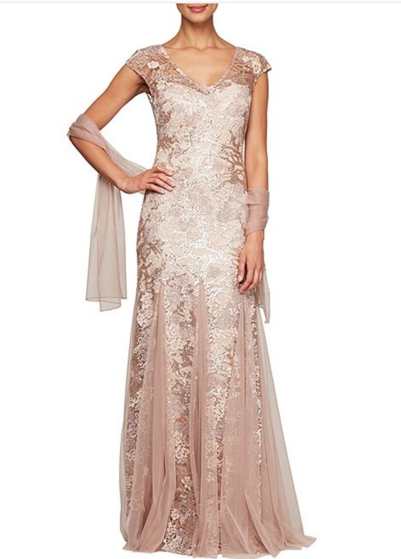 Alex Evenings Women's Petite Embroidery Gown Rose Gold Sz 14p Alex Evenings Women's Petite Embroidery Gown Rose Gold Sz 14p