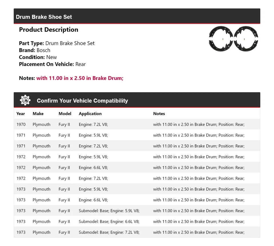 Juego de zapatas de freno de tambor traseras para 1970-1973 Plymouth Fury II Bosch 1971 1972 Foto 2 de 3
