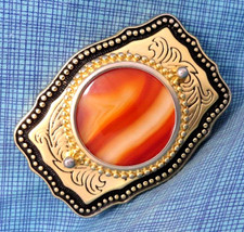 Classic Western Belt Buckle Orange Banded Agate Mount Vintage 80s    .TAZ077