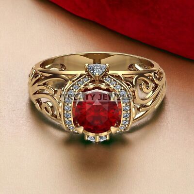 Ruby Round Cut With 14K Solid   Gold  Ring For Men's #A53