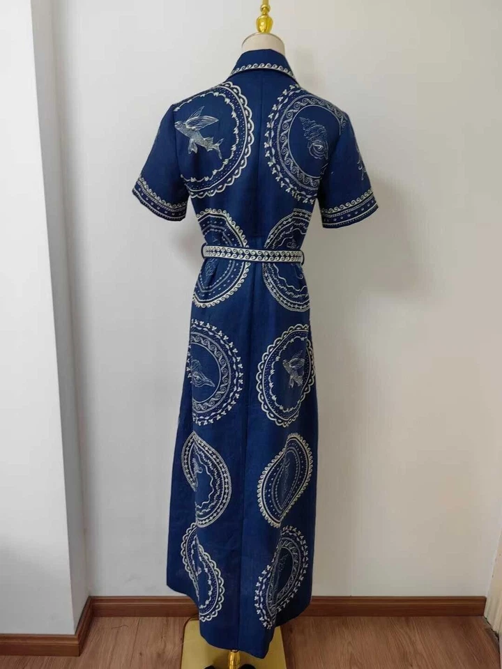 Alemais Oceane Linen Shirt dress blue Linen printed lapel tie dress women 2025 - Image 2 of 4